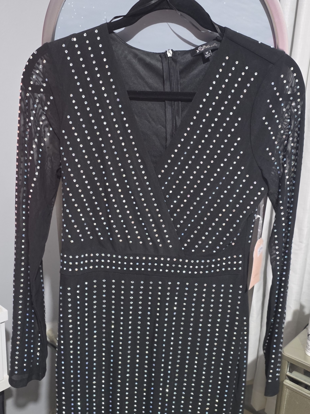 Black Studded Long Sleeve V-Neck Dress